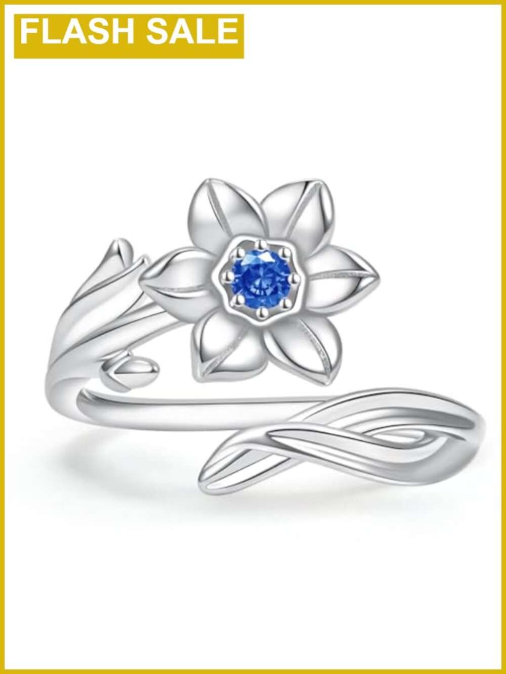 925 Sterling Silver Birth Flower Adjustable Ring Narcissus Aquamarine CZ